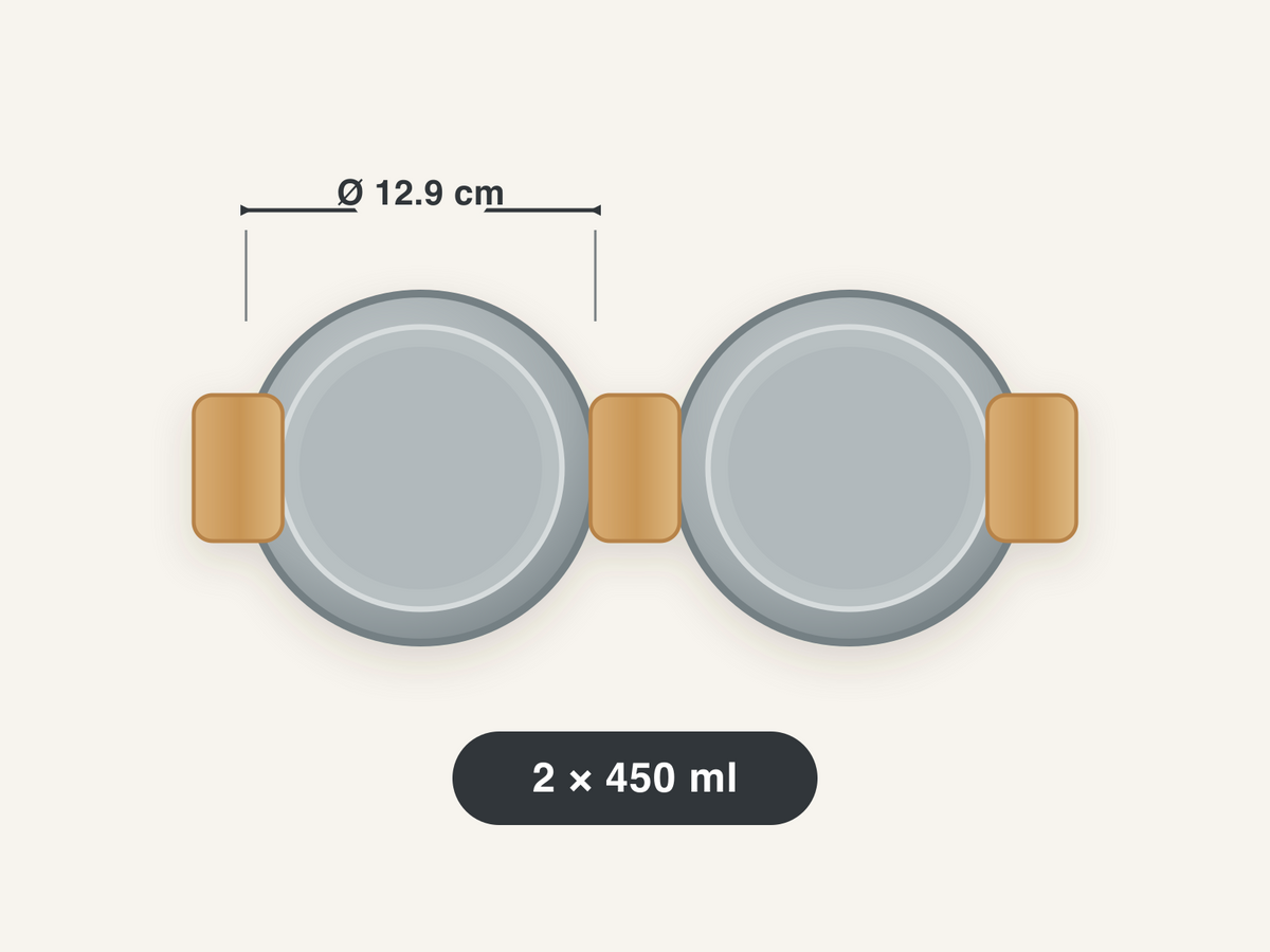 Rozměry misek Dine: průměr 12,9 cm, objem 2 × 450 ml