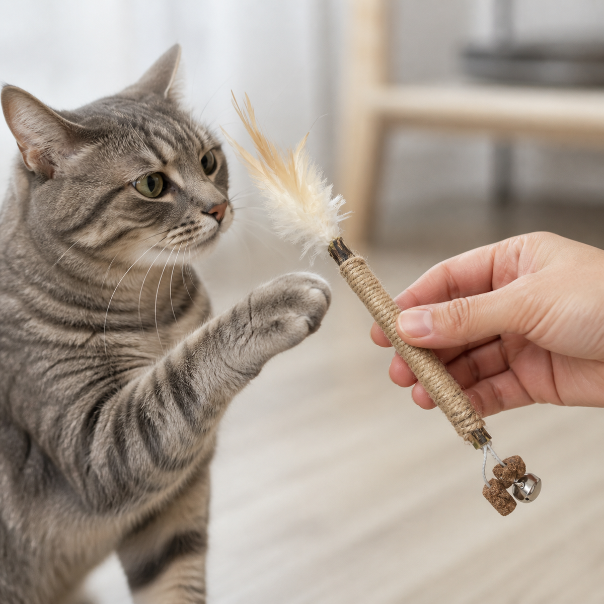 Hra s mačkou pomocou matatabi tyčinky Whisk s pierkami a rolničkou